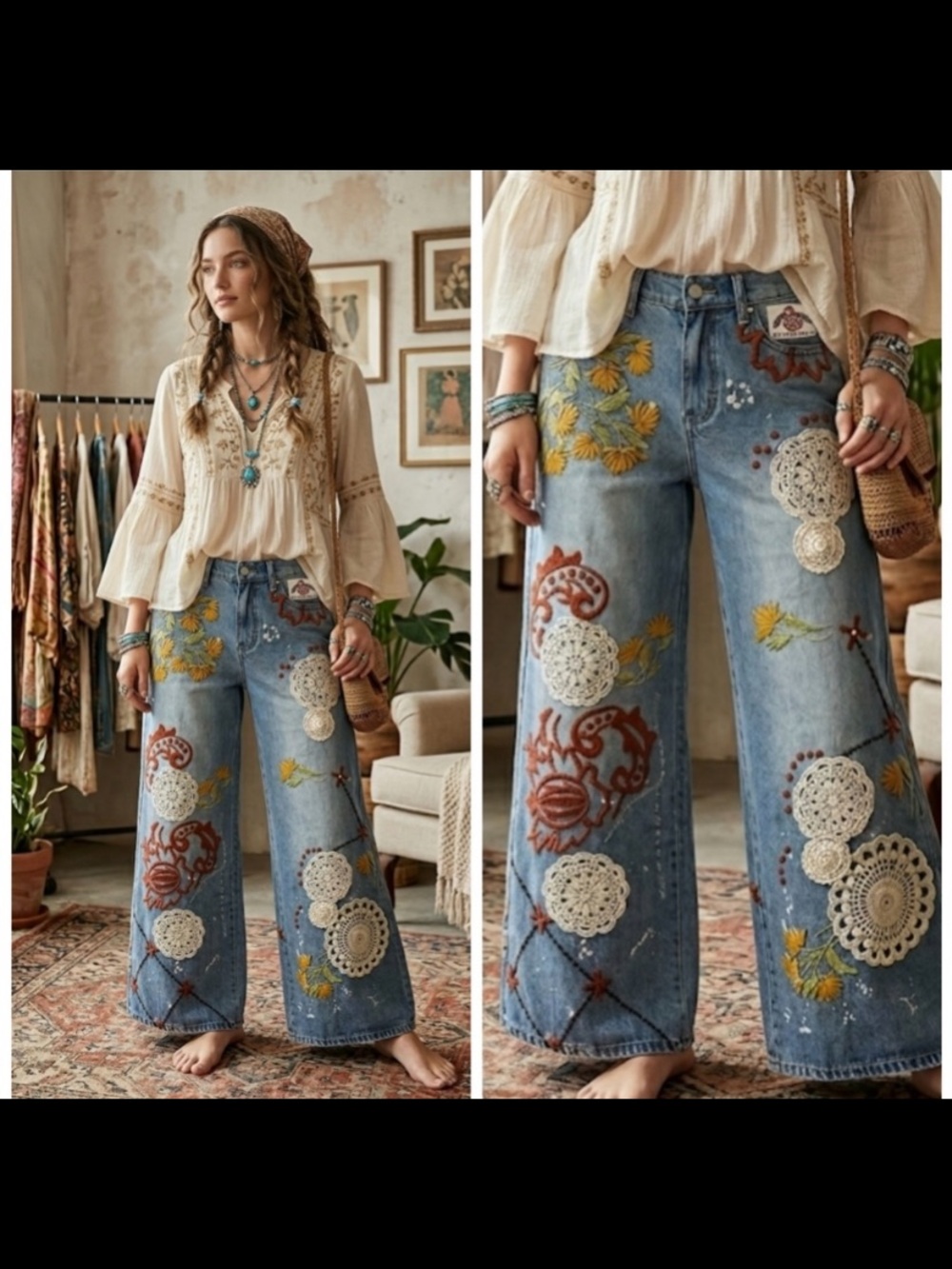 Oli & Hali Blue Denim Wide Leg Jeans with White Crochet & Mustard Embroidery - Picture 7 of 7